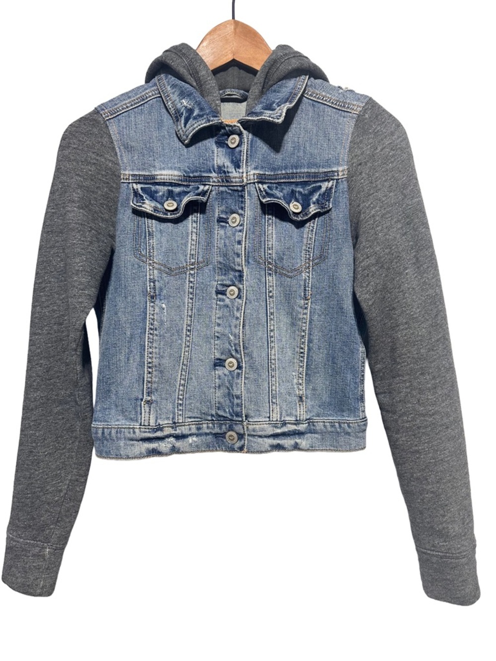 HOLLISTER Womens Denim Jean Jacket Hoodie Knit Sleeves Cropped Y2K XS